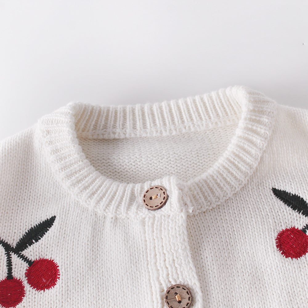 Baby Girl 1pc Cherry Embroidered Graphic Crotch Knitted Bodysuit & Button Front Sweater Coat Sets-3