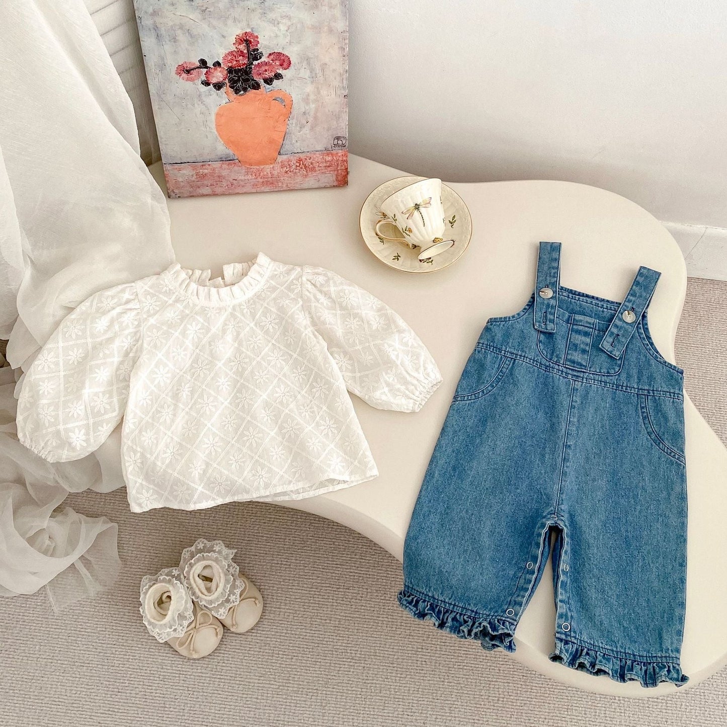 Arrival Spring Girls Long Sleeves Simple Floral Embroidered Top and Denim Overalls Set Clothing Set-1