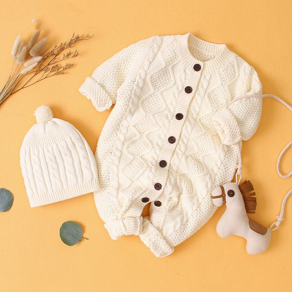 Baby Baby Cable Knitted Pattern Button Front Design Long Sleeve Warm Rompers & Hat-2