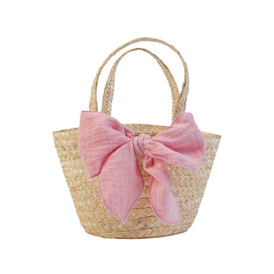 Straw Basket with Bow - 100% HANDMADE