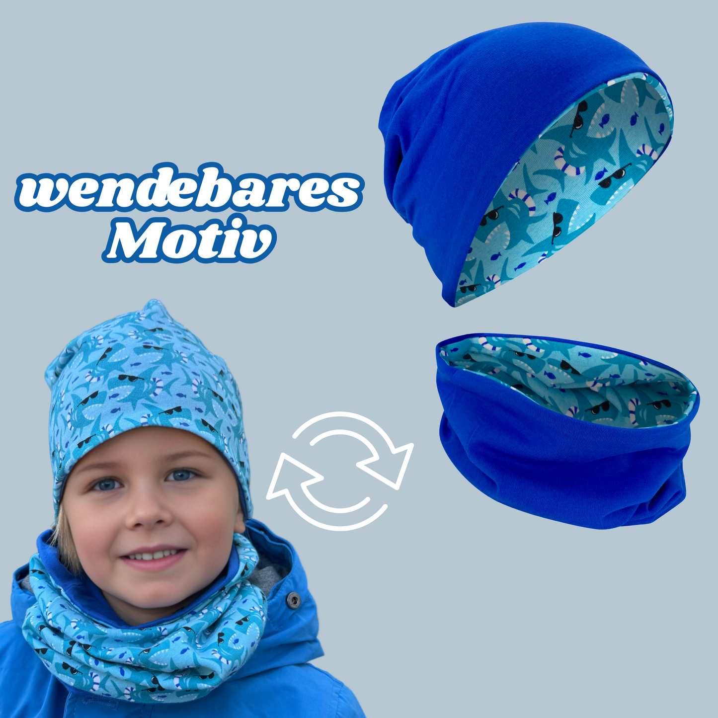Kinder Beanie Mütze Beanie & Loop Set - Hai-1