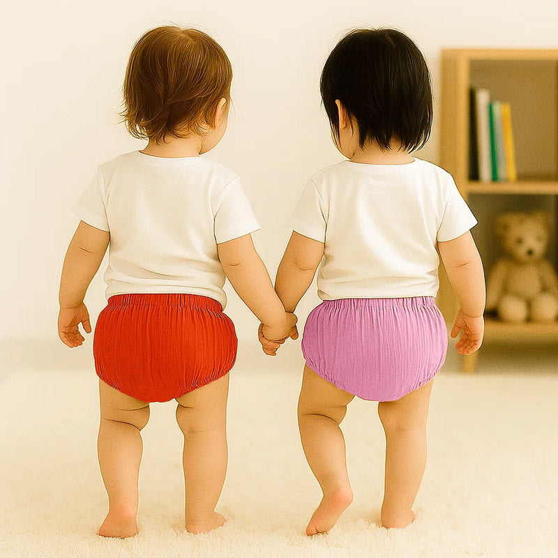 duo bloomers gaze coton bio fraise rose bébé fille