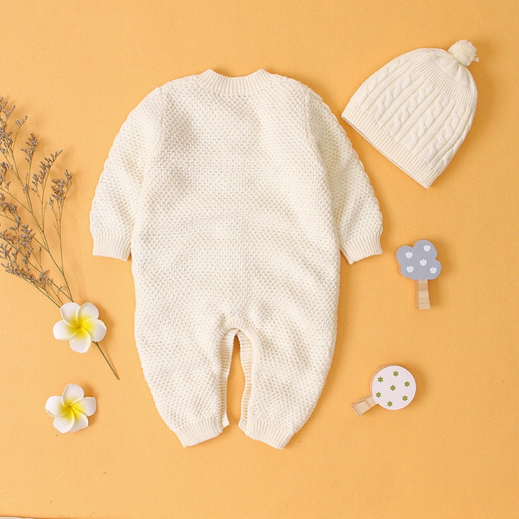 Baby Baby Cable Knitted Pattern Button Front Design Long Sleeve Warm Rompers & Hat-4
