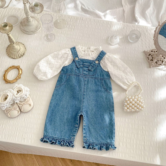 Arrival Spring Girls Long Sleeves Simple Floral Embroidered Top and Denim Overalls Set Clothing Set-0