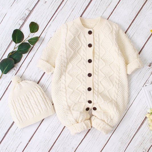Baby Baby Cable Knitted Pattern Button Front Design Long Sleeve Warm Rompers & Hat-0