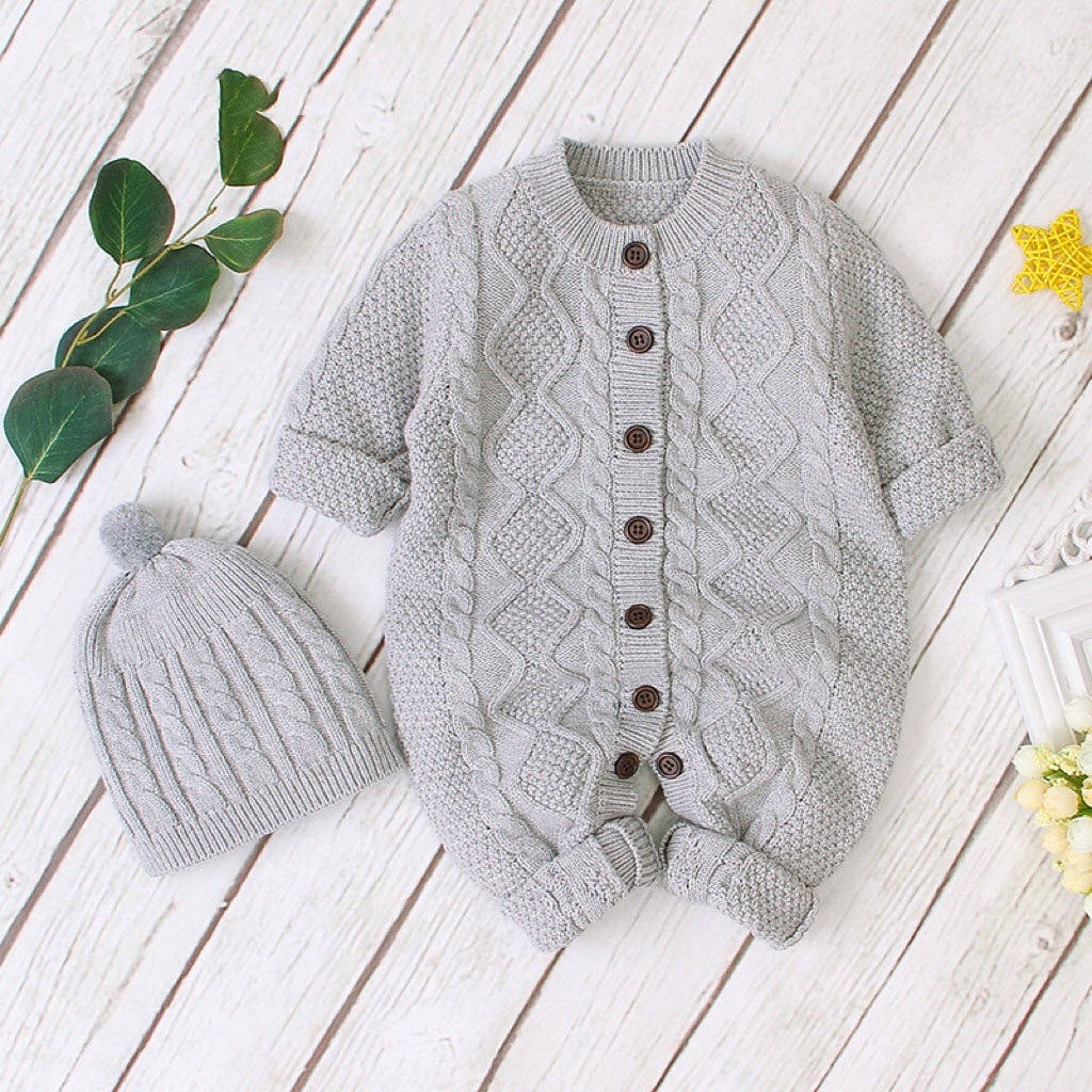 Baby Baby Cable Knitted Pattern Button Front Design Long Sleeve Warm Rompers & Hat-1