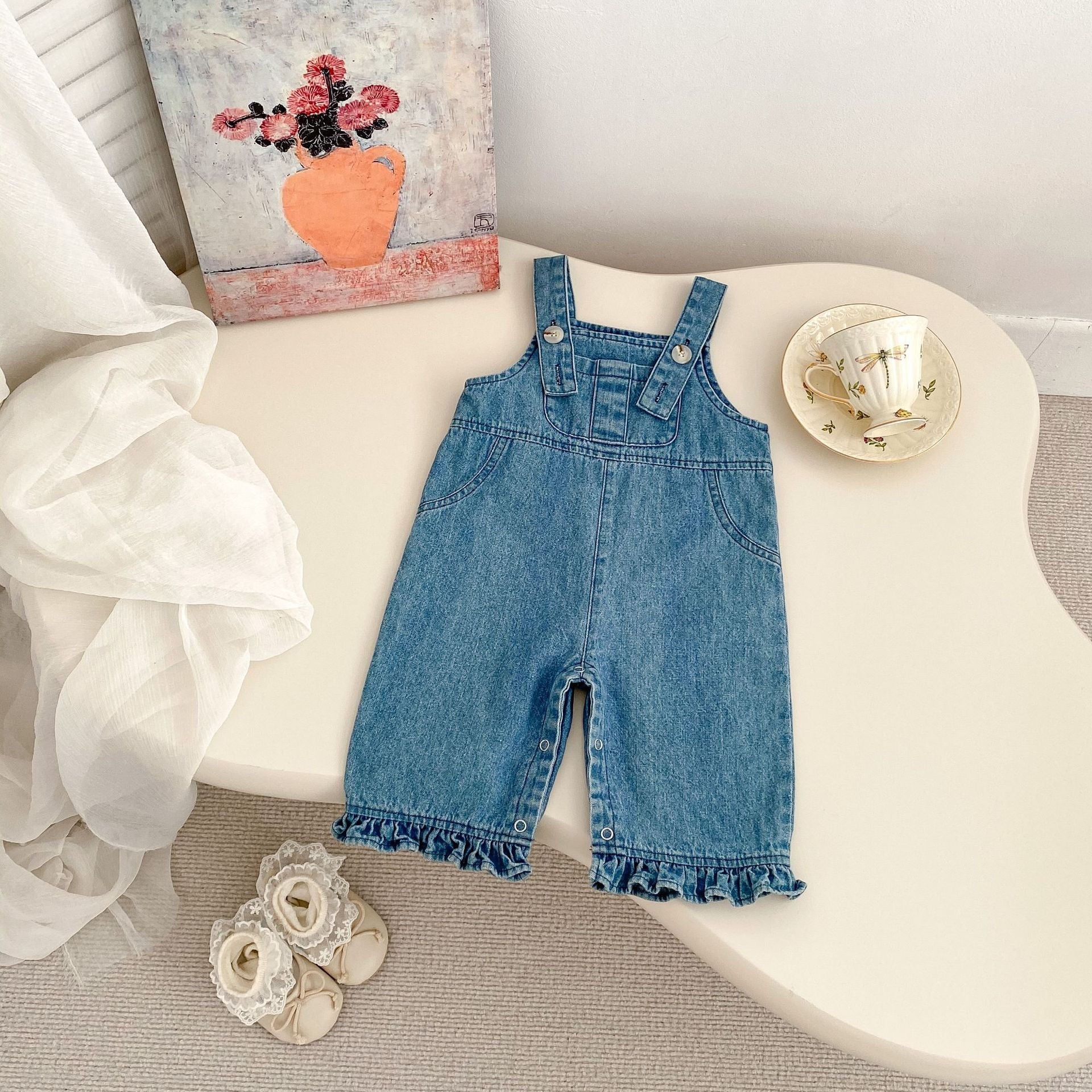 Arrival Spring Girls Long Sleeves Simple Floral Embroidered Top and Denim Overalls Set Clothing Set-3