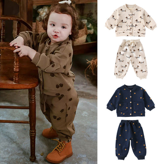 Autumn Baby Kids Unisex Long Sleeves Cartoon Print Coat and Long Trousers – Clothing Set-0
