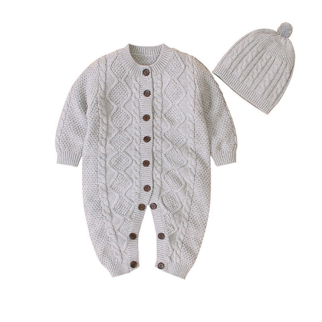 Baby Baby Cable Knitted Pattern Button Front Design Long Sleeve Warm Rompers & Hat-3